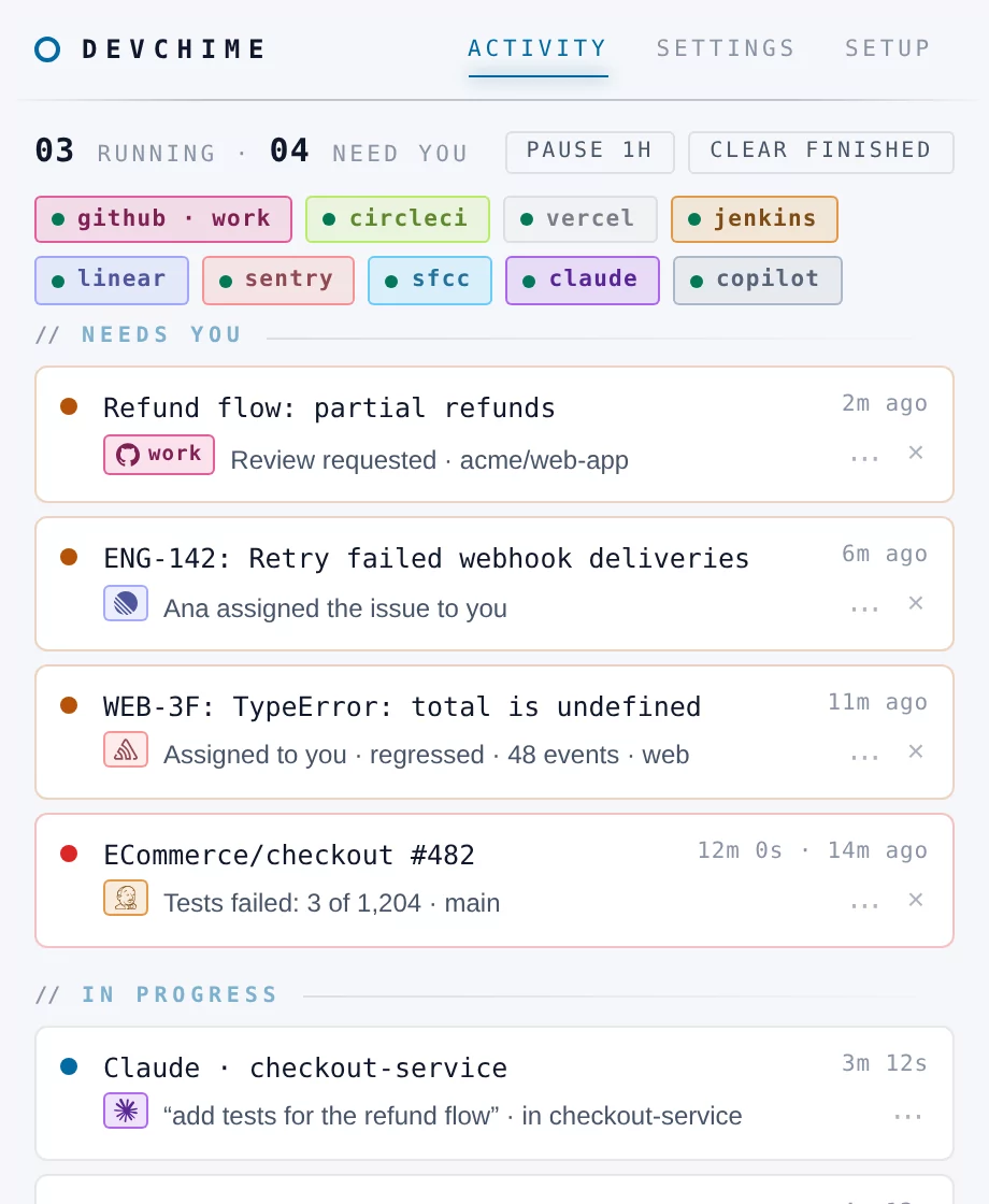 The Activity window in the Light theme, with services shown as logos.