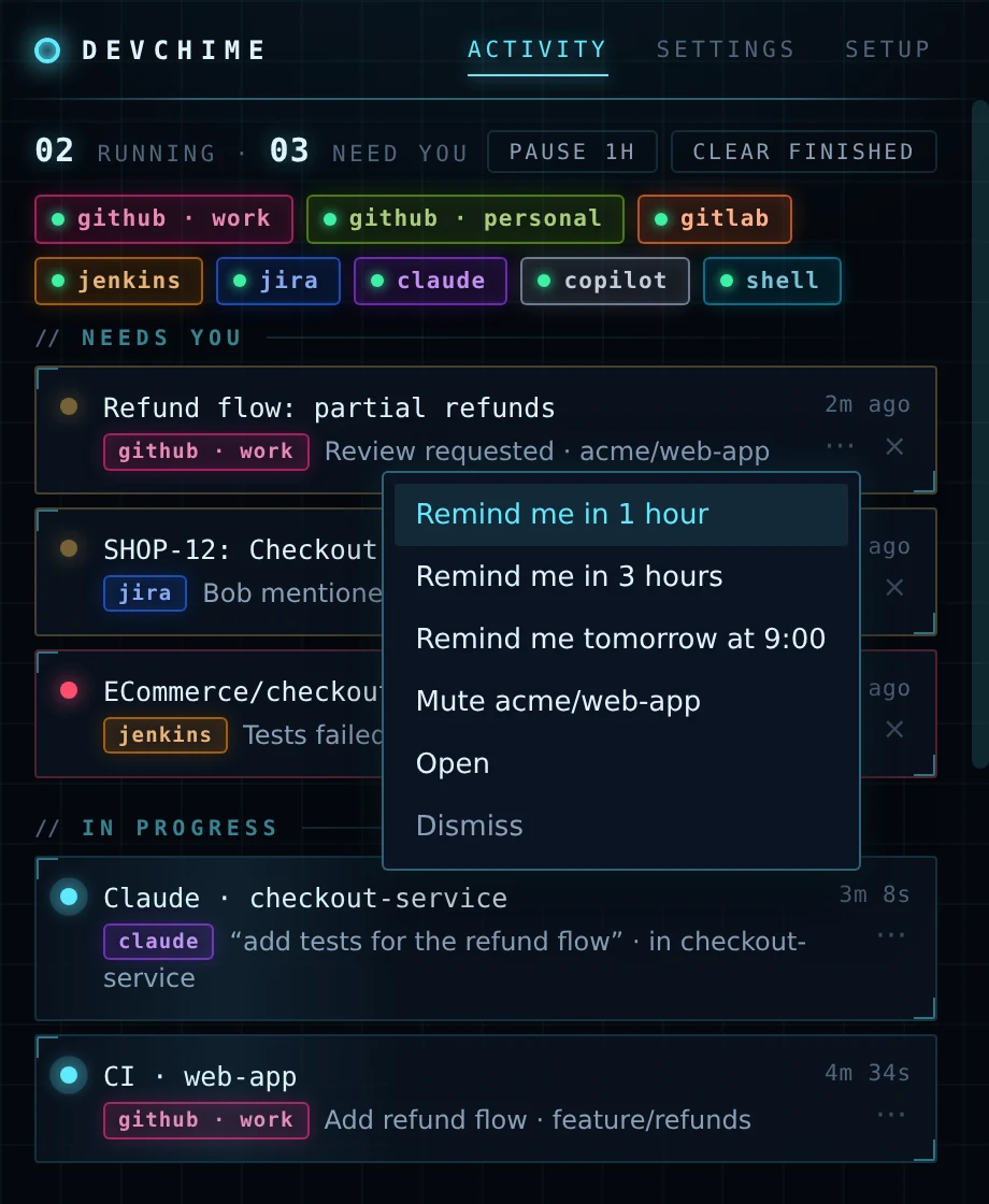 An item's menu: remind me in 1 hour, in 3 hours or tomorrow at 9:00, mute the repo, open, dismiss.
