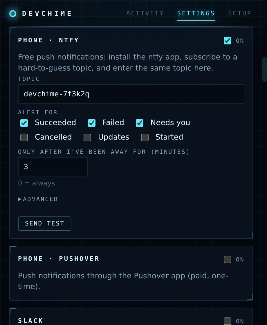 Notification settings for the ntfy phone app: topic, which results alert, and only after being away for 3 minutes.
